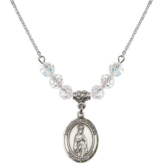Sterling Silver Our Lady of Fatima Birthstone Necklace with Crystal Beads - 8205