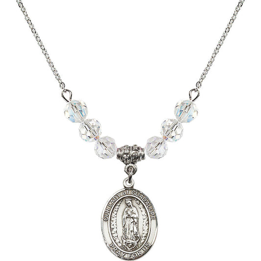 Sterling Silver Our Lady of Guadalupe Birthstone Necklace with Crystal Beads - 8206