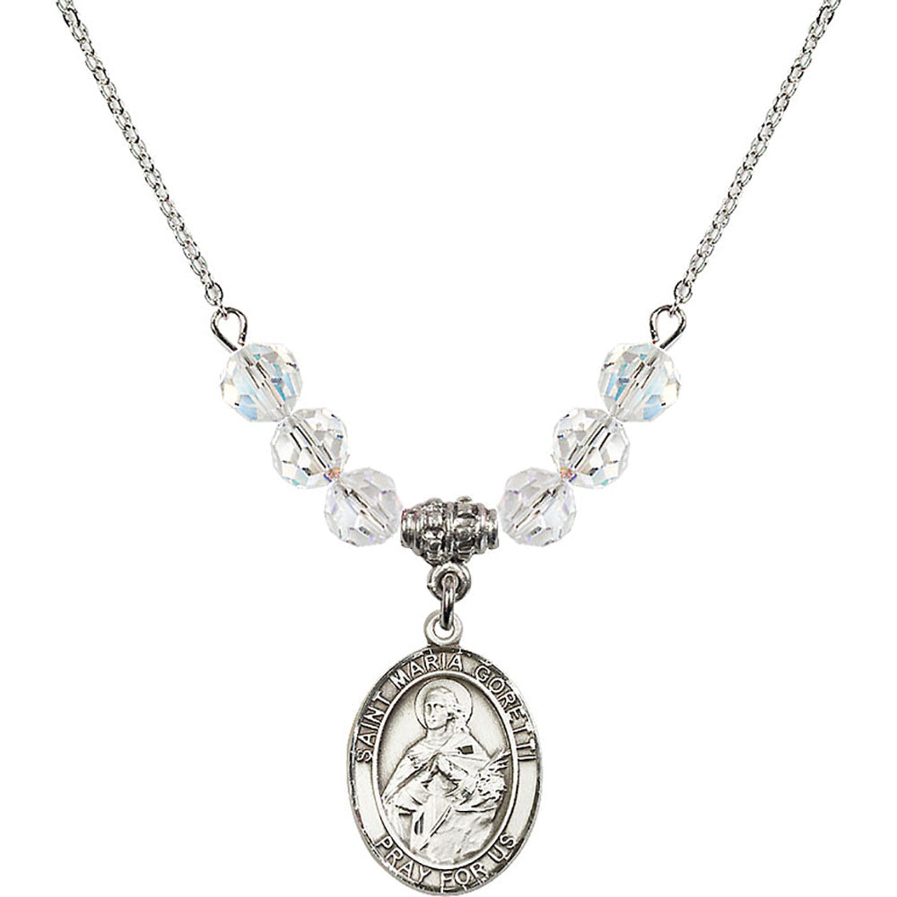 Sterling Silver Saint Maria Goretti Birthstone Necklace with Crystal Beads - 8208