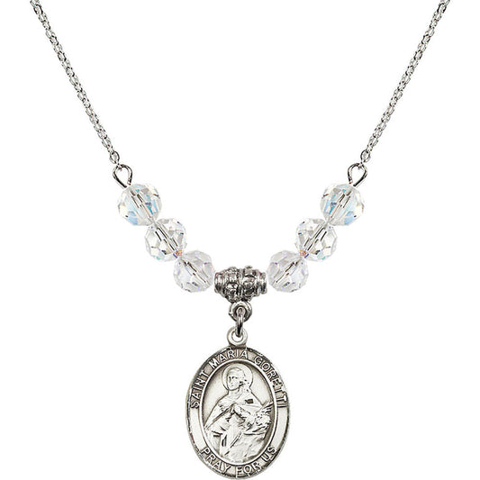 Sterling Silver Saint Maria Goretti Birthstone Necklace with Crystal Beads - 8208