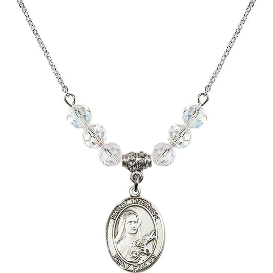 Sterling Silver Saint Therese of Lisieux Birthstone Necklace with Crystal Beads - 8210