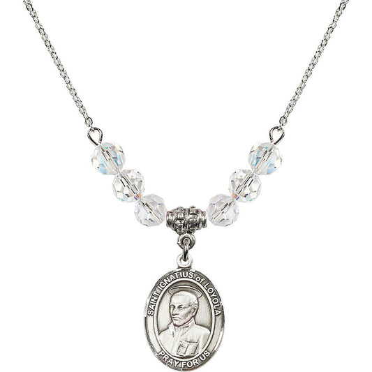 Sterling Silver Saint Ignatius of Loyola Birthstone Necklace with Crystal Beads - 8217