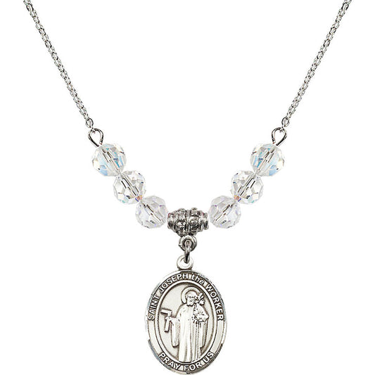 Sterling Silver Saint Joseph the Worker Birthstone Necklace with Crystal Beads - 8220