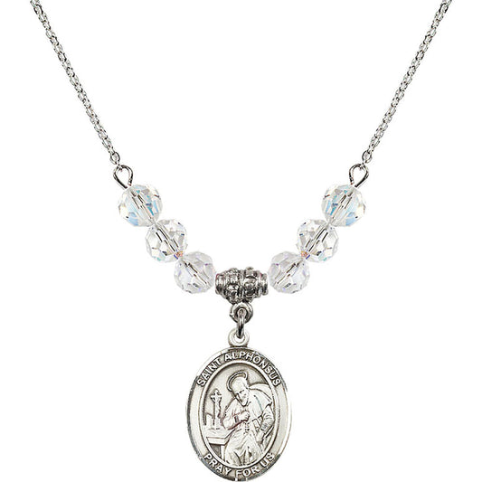 Sterling Silver Saint Alphonsus Birthstone Necklace with Crystal Beads - 8221