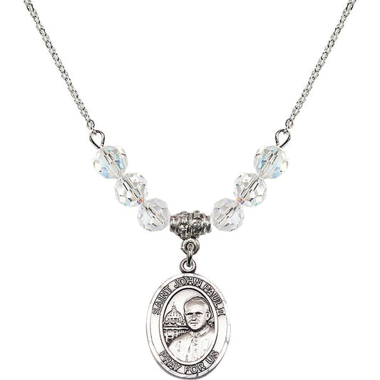 Sterling Silver Saint John Paul II Birthstone Necklace with Crystal Beads - 8234