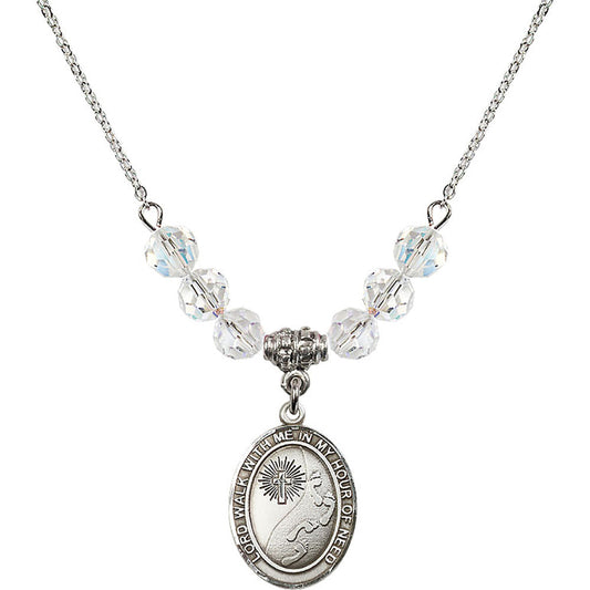 Sterling Silver Footprints / Cross Birthstone Necklace with Crystal Beads - 8237