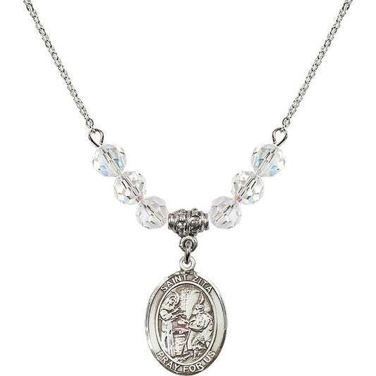 Sterling Silver Saint Zita Birthstone Necklace with Crystal Beads - 8244