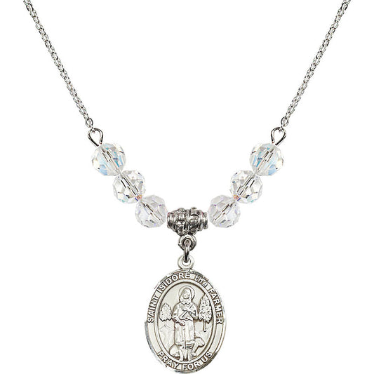 Sterling Silver Saint Isidore the Farmer Birthstone Necklace with Crystal Beads - 8276