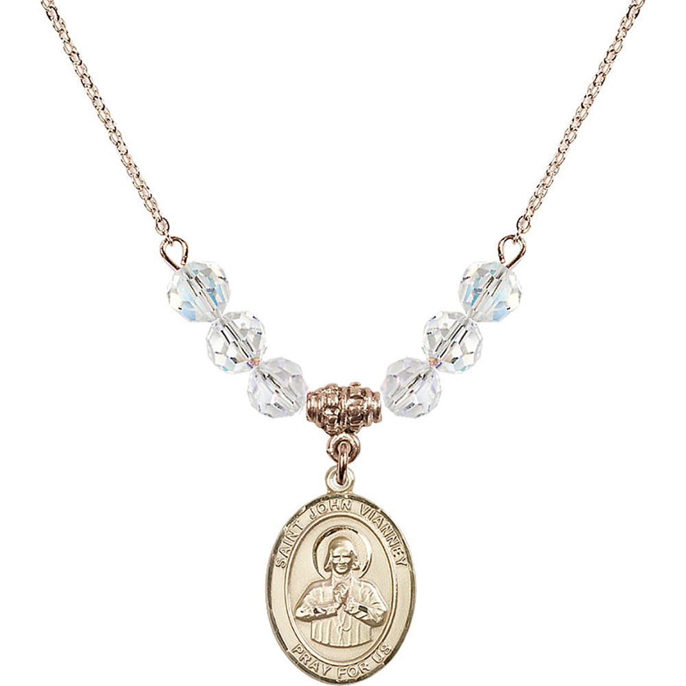 14kt Gold Filled Saint John Vianney Birthstone Necklace with Crystal Beads - 8282