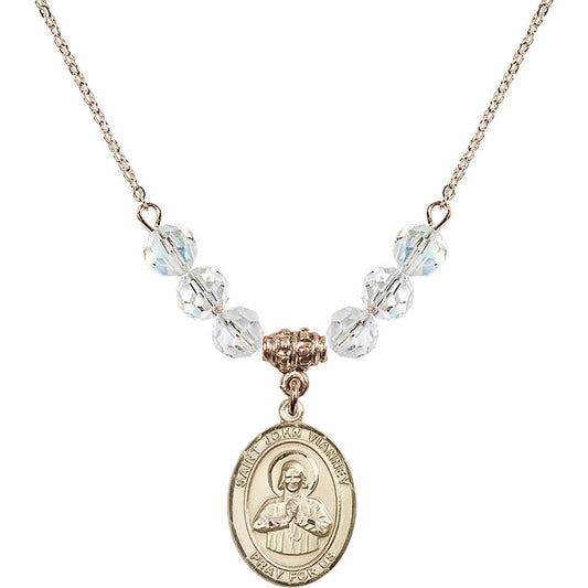 14kt Gold Filled Saint John Vianney Birthstone Necklace with Crystal Beads - 8282