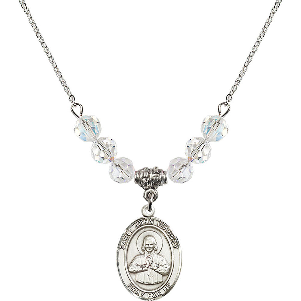 Sterling Silver Saint John Vianney Birthstone Necklace with Crystal Beads - 8282