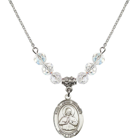 Sterling Silver Saint John Vianney Birthstone Necklace with Crystal Beads - 8282