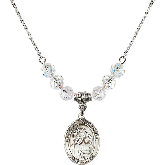 Sterling Silver Our Lady of Good Counsel Birthstone Necklace with Crystal Beads - 8287