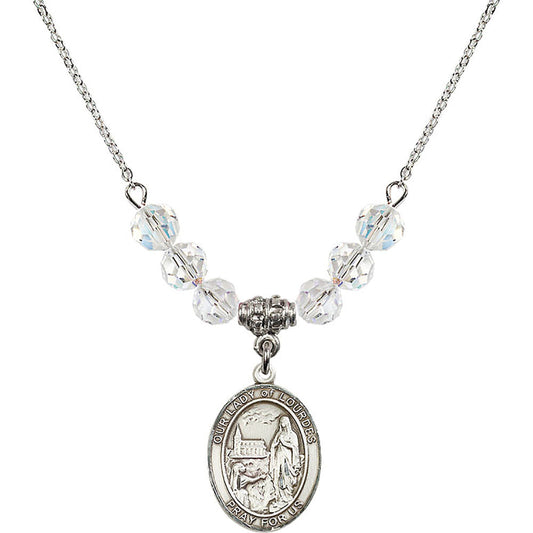 Sterling Silver Our Lady of Lourdes Birthstone Necklace with Crystal Beads - 8288