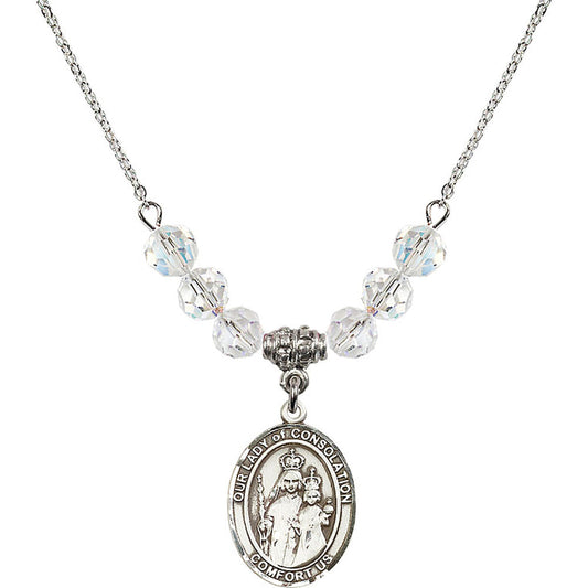 Sterling Silver Our Lady of Consolation Birthstone Necklace with Crystal Beads - 8292