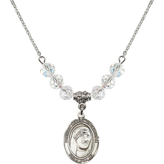 Sterling Silver Saint Teresa of Calcutta Birthstone Necklace with Crystal Beads - 8295