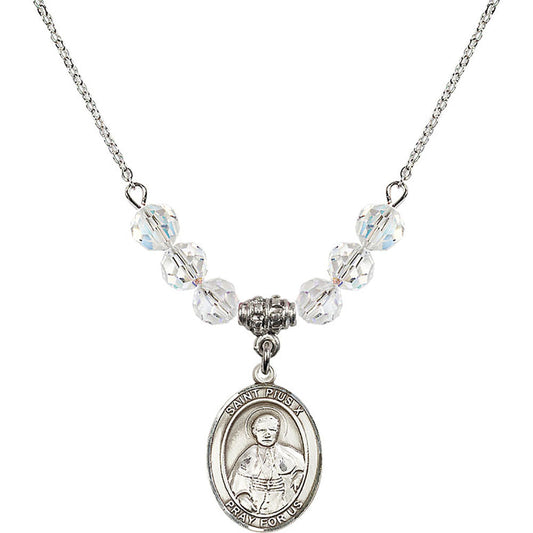 Sterling Silver Saint Pius X Birthstone Necklace with Crystal Beads - 8305
