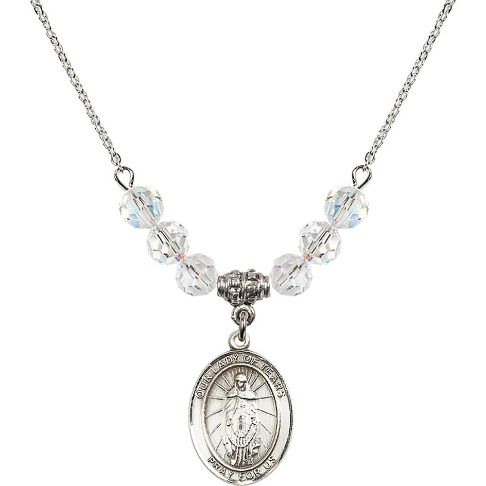 Sterling Silver Our Lady of Tears Birthstone Necklace with Crystal Beads - 8346