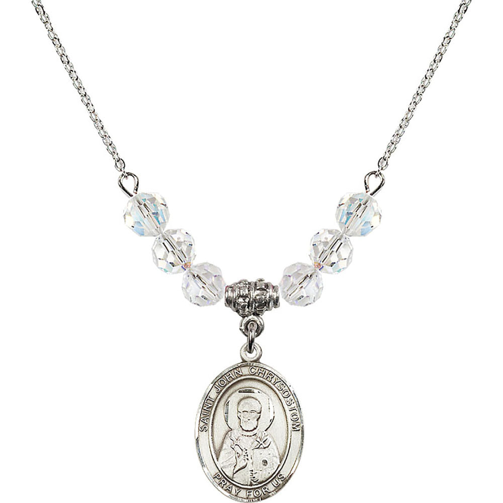 Sterling Silver Saint John Chrysostom Birthstone Necklace with Crystal Beads - 8357
