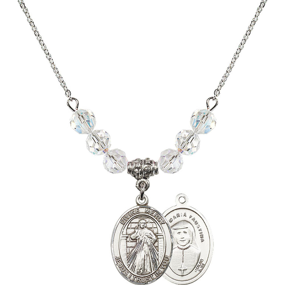 Sterling Silver Divine Mercy Birthstone Necklace with Crystal Beads - 8366