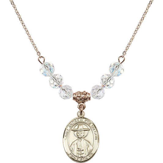 14kt Gold Filled Saint Andrew Kim Taegon Birthstone Necklace with Crystal Beads - 8373