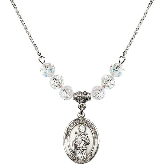 Sterling Silver Saint Simon the Apostle Birthstone Necklace with Crystal Beads - 8375