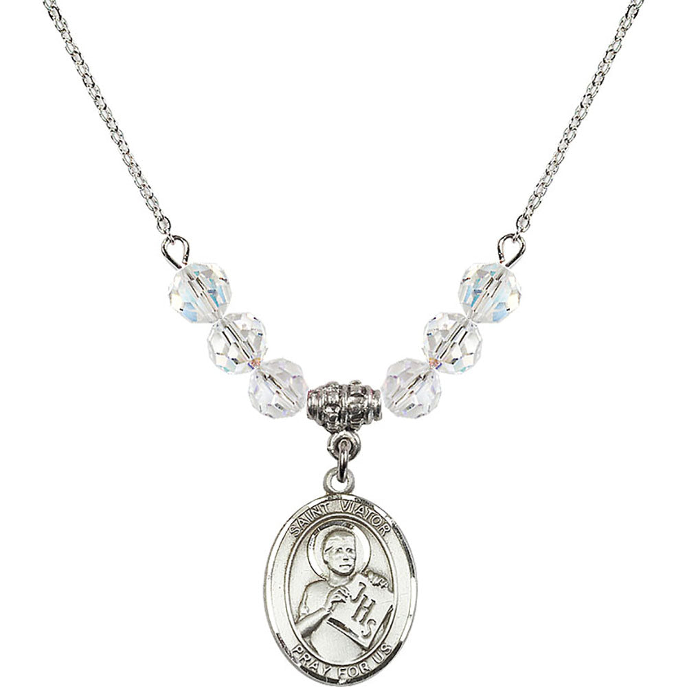 Sterling Silver Saint Viator of Bergamo Birthstone Necklace with Crystal Beads - 8408