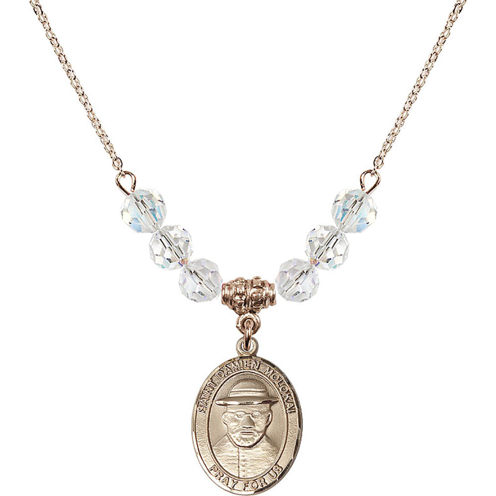 14kt Gold Filled Saint Damien of Molokai Birthstone Necklace with Crystal Beads - 8412