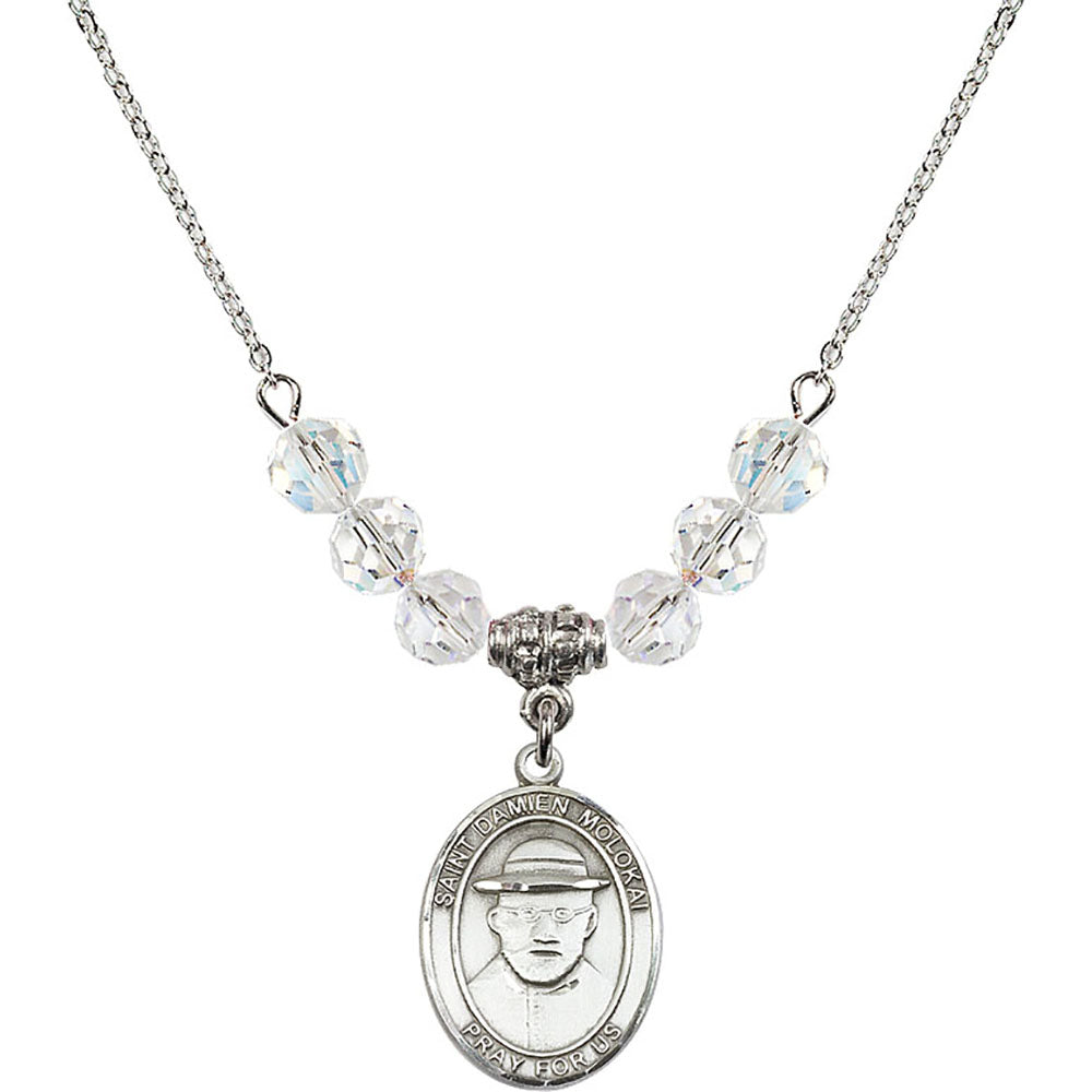 Sterling Silver Saint Damien of Molokai Birthstone Necklace with Crystal Beads - 8412