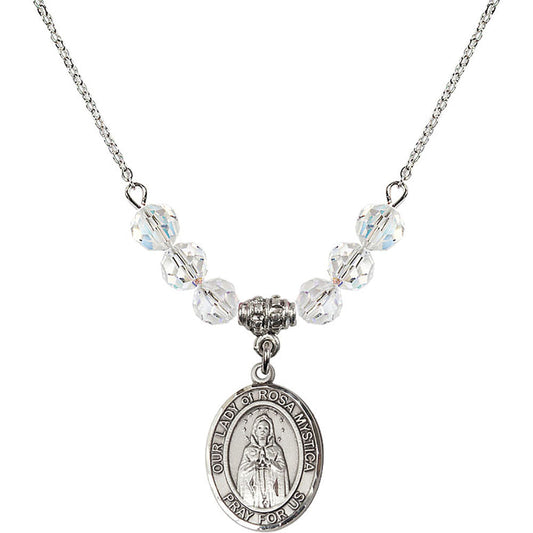 Sterling Silver Our Lady of Rosa Mystica Birthstone Necklace with Crystal Beads - 8413