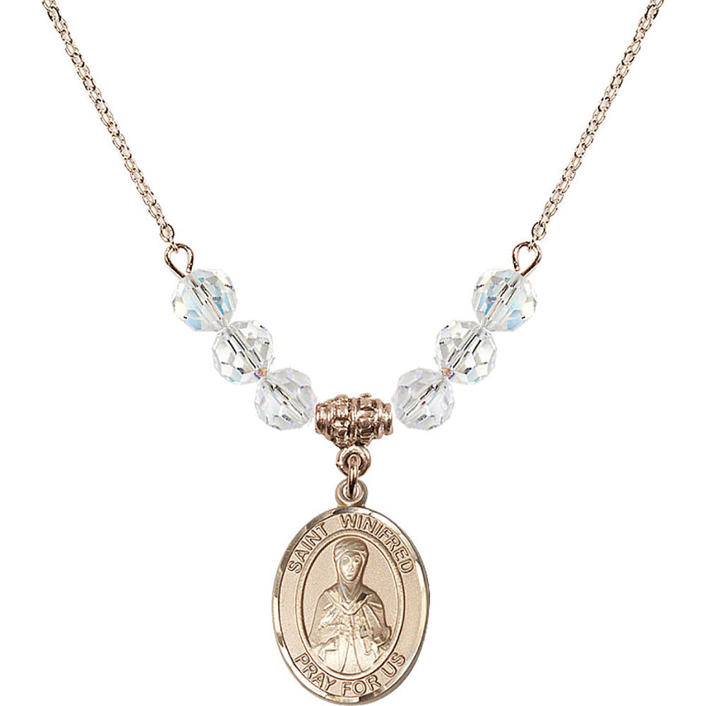 14kt Gold Filled Saint Winifred of Wales Birthstone Necklace with Crystal Beads - 8419