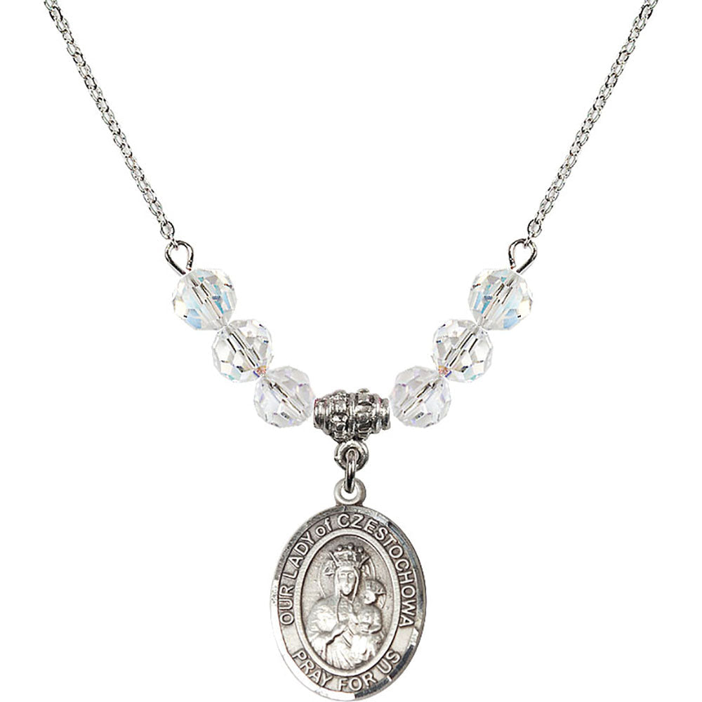Sterling Silver Our Lady of Czestochowa Birthstone Necklace with Crystal Beads - 8421