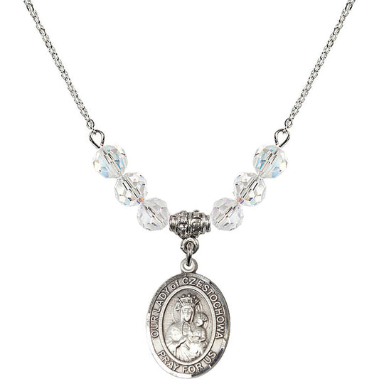 Sterling Silver Our Lady of Czestochowa Birthstone Necklace with Crystal Beads - 8421