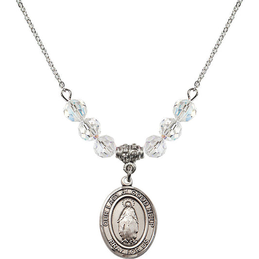 Sterling Silver Our Lady Of Good Help Birthstone Necklace with Crystal Beads - 8431
