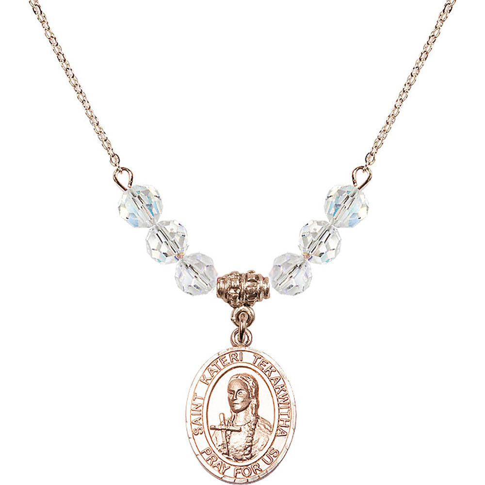 14kt Gold Filled Saint Kateri Tekakwitha Birthstone Necklace with Crystal Beads - 8438