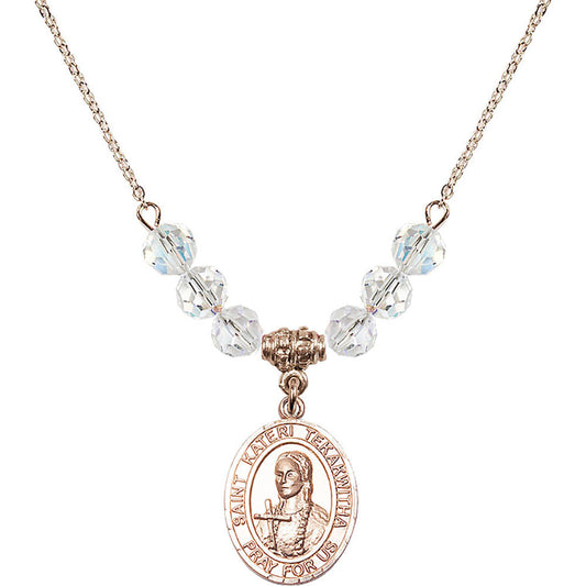 14kt Gold Filled Saint Kateri Tekakwitha Birthstone Necklace with Crystal Beads - 8438