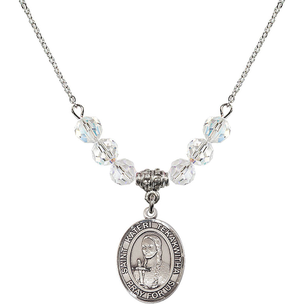 Sterling Silver Saint Kateri Tekakwitha Birthstone Necklace with Crystal Beads - 8438