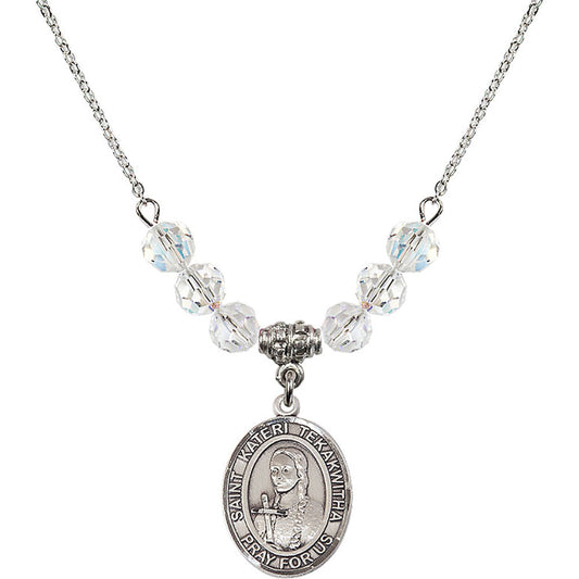 Sterling Silver Saint Kateri Tekakwitha Birthstone Necklace with Crystal Beads - 8438