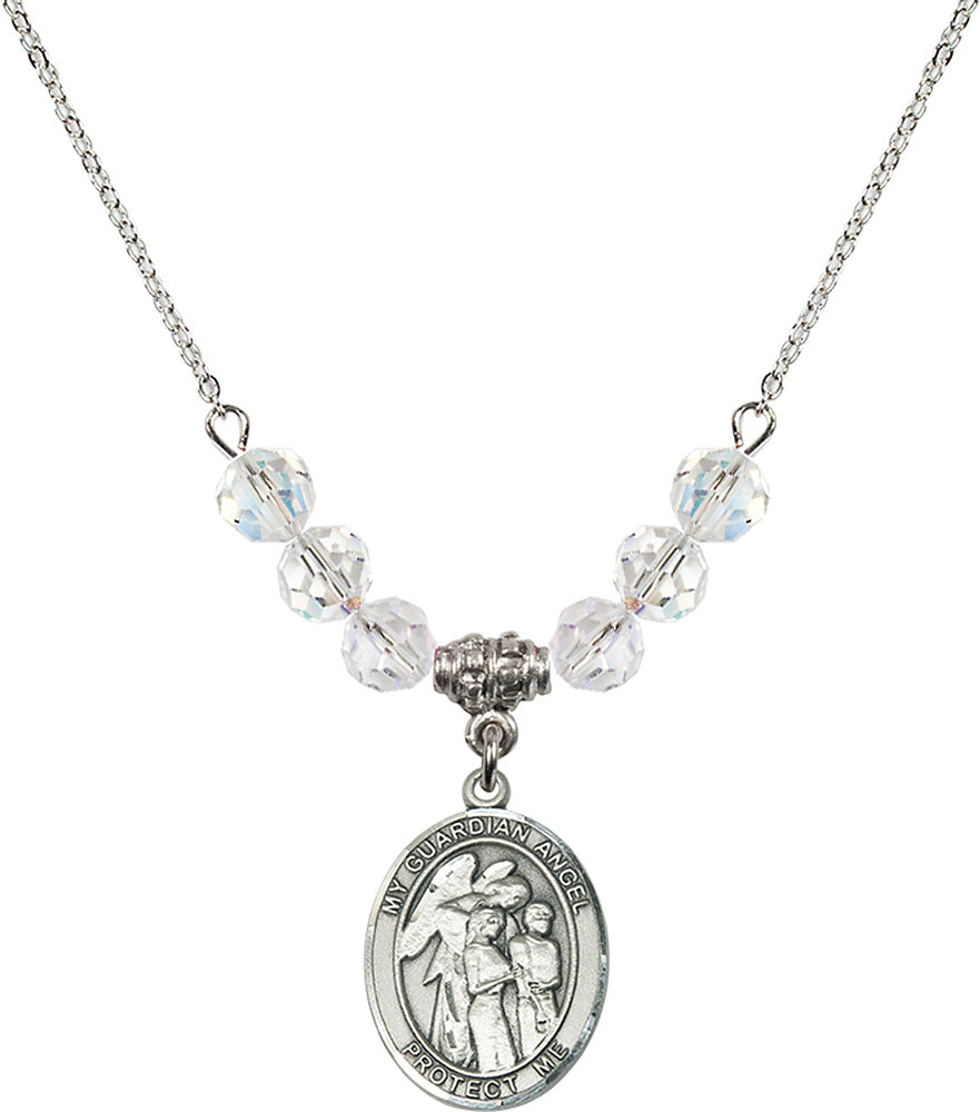 Sterling Silver Guardian Angel w/Children Birthstone Necklace with Crystal Beads - 8439
