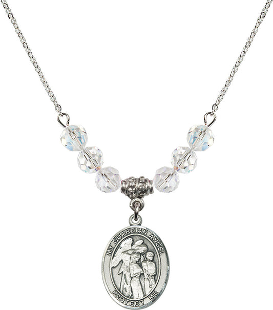 Sterling Silver Guardian Angel w/Children Birthstone Necklace with Crystal Beads - 8439