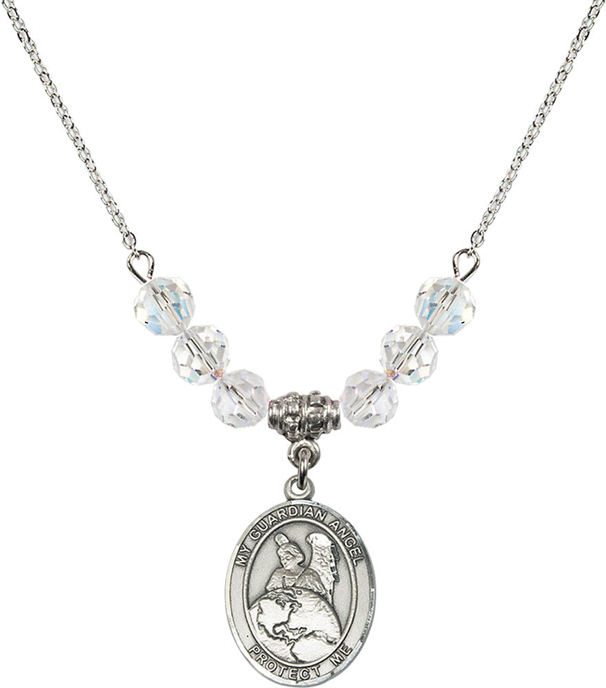 Sterling Silver Guardian Angel Protector Birthstone Necklace with Crystal Beads - 8440