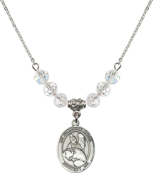 Sterling Silver Guardian Angel Protector Birthstone Necklace with Crystal Beads - 8440
