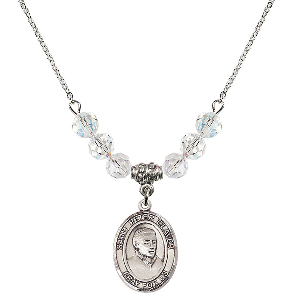 Sterling Silver Saint Peter Claver Birthstone Necklace with Crystal Beads - 8442