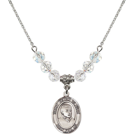 Sterling Silver Saint Peter Claver Birthstone Necklace with Crystal Beads - 8442