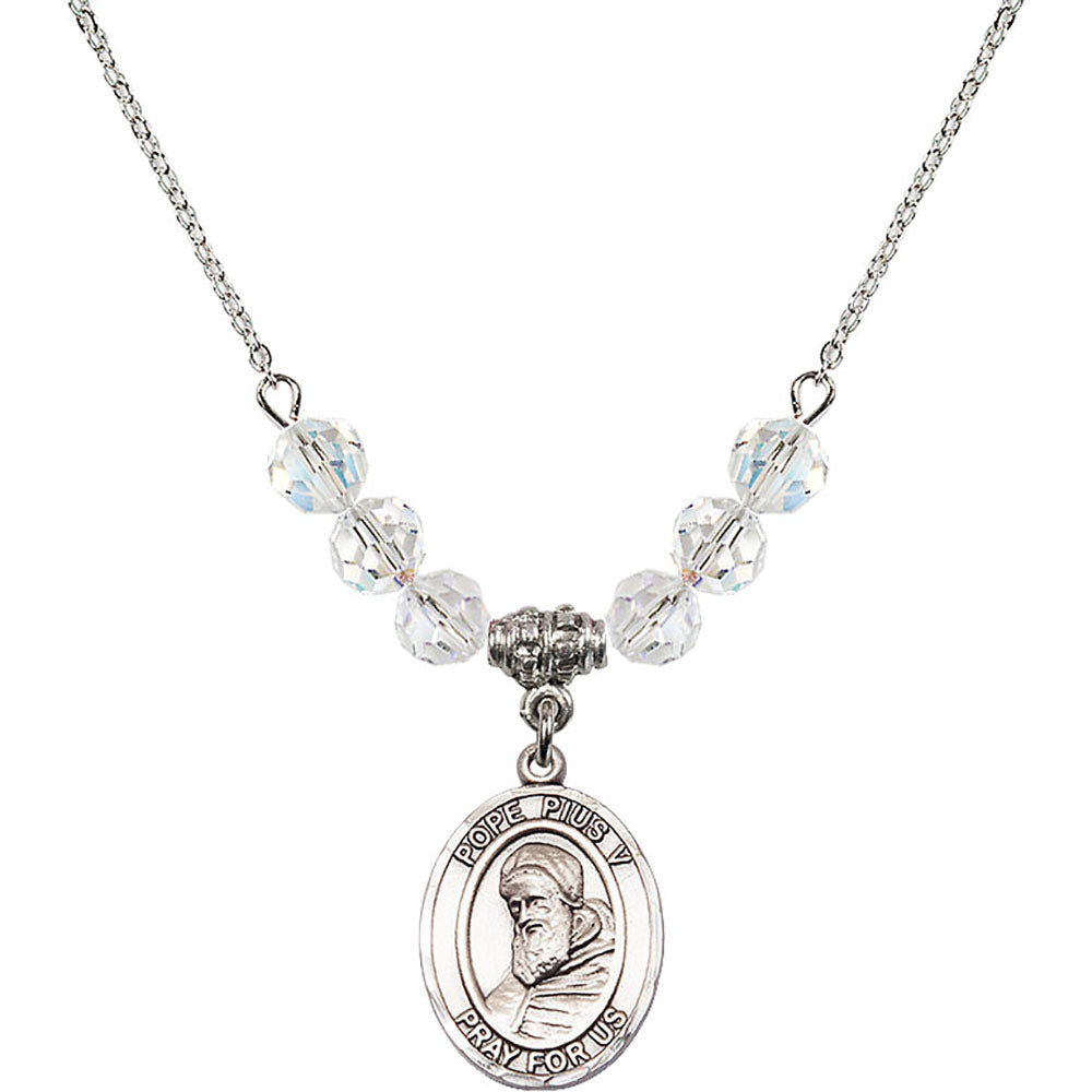 Sterling Silver Saint Pius V Birthstone Necklace with Crystal Beads - 8452
