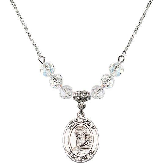 Sterling Silver Saint Pius V Birthstone Necklace with Crystal Beads - 8452