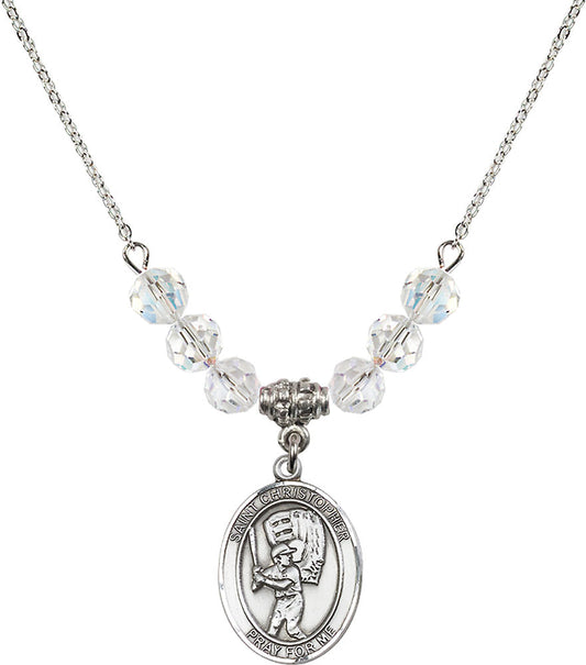 Sterling Silver Saint Christopher/Baseball Birthstone Necklace with Crystal Beads - 8500