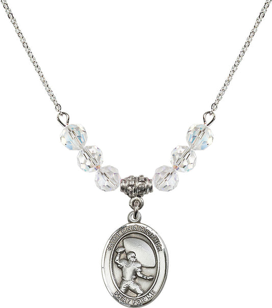 Sterling Silver Saint Christopher / Football Birthstone Necklace with Crystal Beads - 8501