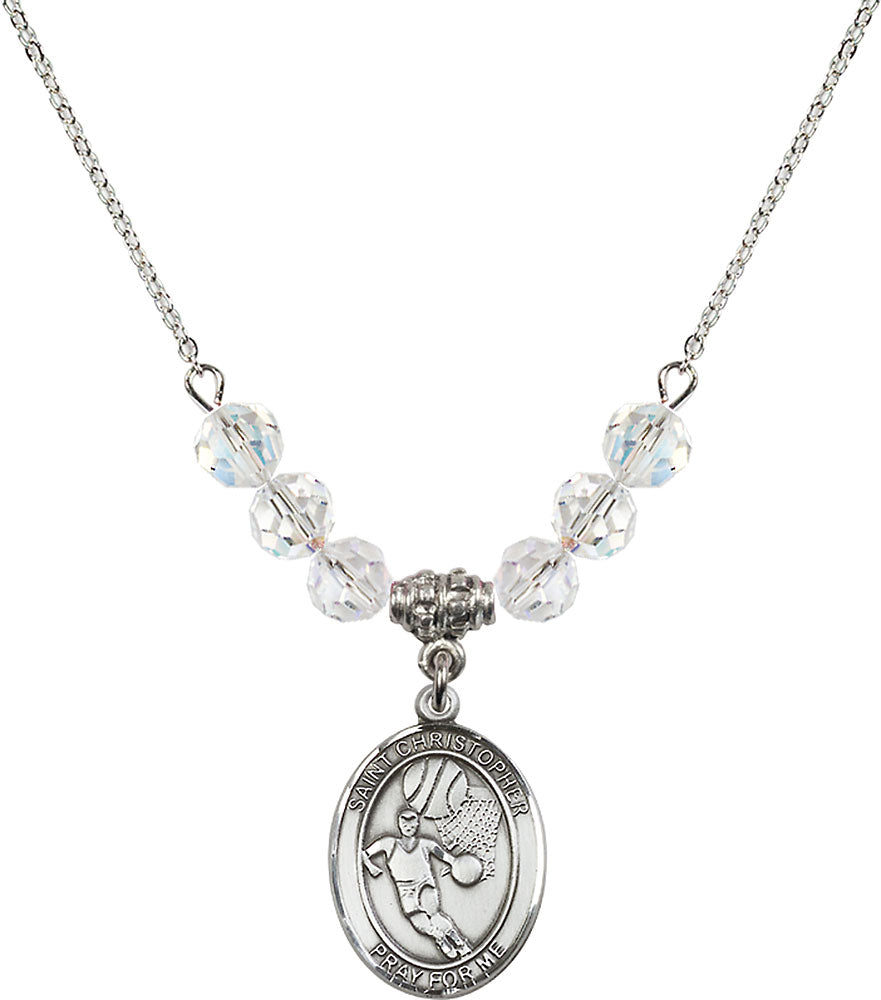 Sterling Silver Saint Christopher/Basketball Birthstone Necklace with Crystal Beads - 8502