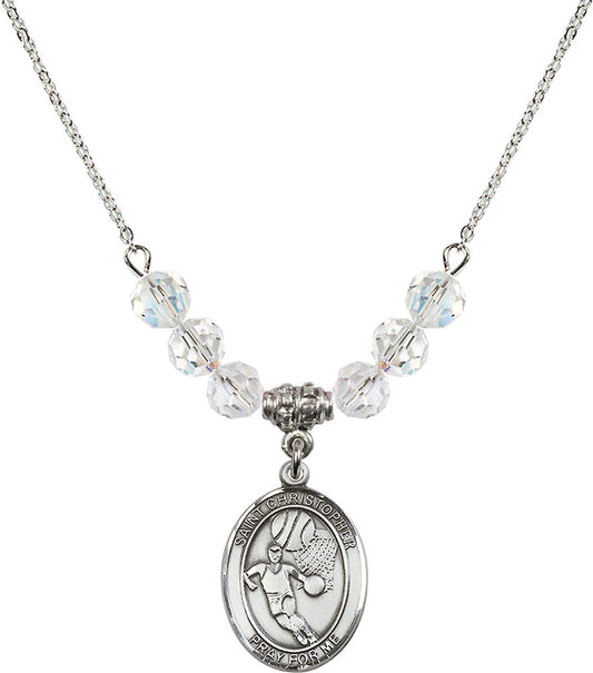 Sterling Silver Saint Christopher/Basketball Birthstone Necklace with Crystal Beads - 8502